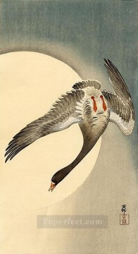  under oil painting - flying white fronted goose seen from underneath in front of the moon Ohara Koson Shin hanga